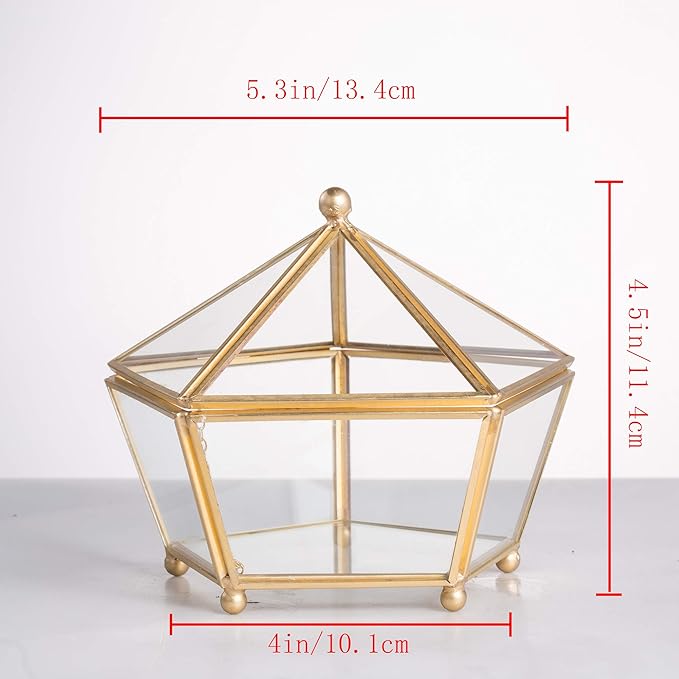NCYP Small Geometric Vintage Glass Jewelry Box, Gold Succelent Plants Terrarium with Swing Lid, Pentagon Shape Clear Metal Brass Display Planter for Wedding Decoration (No Plants, Terrarium Only)