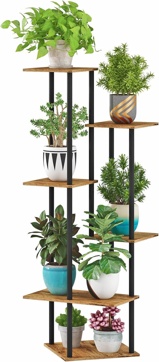 Tall Plant Stand Indoor, 6-Tier Modern Plant Shelf for Multiple Plants, Wood Metal Flower Holder for Living Room Balcony Bedroom, Rustic Brown