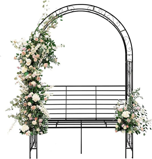 Outvita 7FT Garden Arch Arbor with Seating, Heavy Duty Metal Arbour Archway, Decorative Frame Stand Trellis for Wedding Ceremony Party Plant Climbing Rose Vines Lawn