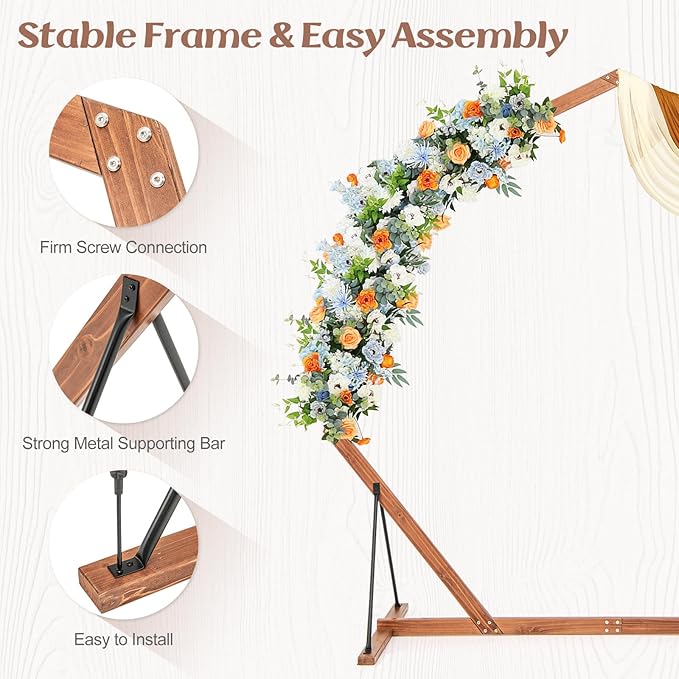 S AFSTAR 7FT Heptagon Wedding Arch, Wood Backdrop Stand With Triangular-Shaped Base, 4 U-Shaped Stakes, Indoor Outdoor Round Flower Balloon Stand for Ceremony Party