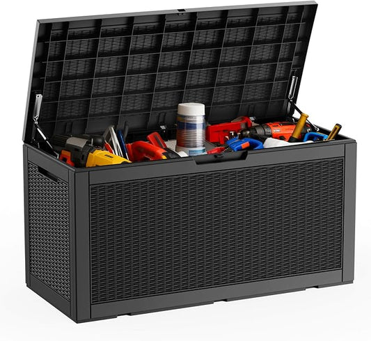 DRATO 100 Gallon Large Deck Box, Outdoor Storage Box for Patio Furniture, Patio Cushions, Gardening Tools, Pool Supplies,660lbs Weight Capacity,Waterproof Resin Storage Boxes（Black，100 Gallon）