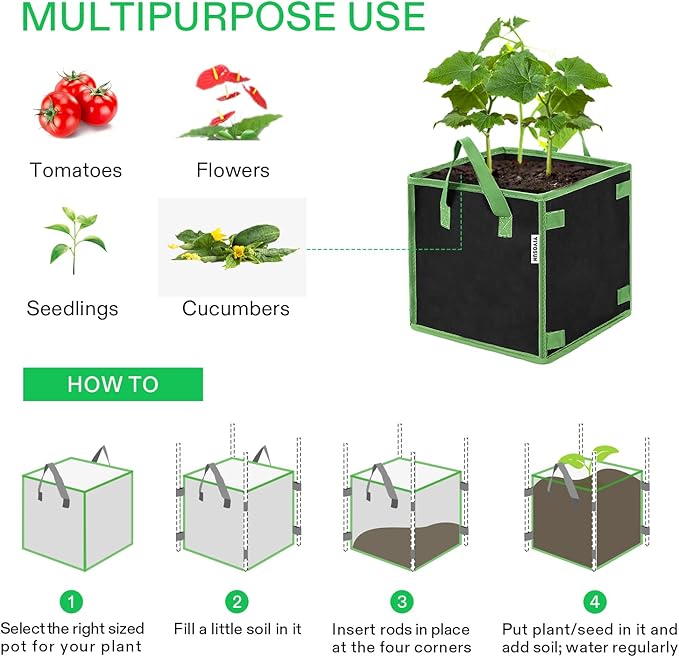 VIVOSUN 5 Pack 5 Gallon Square Grow Bags, Thick Nonwoven Cubic Fabric Pots with Handles for Indoor and Outdoor Gardening
