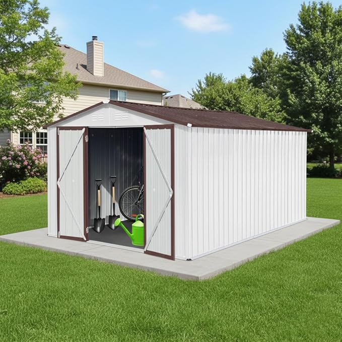 10x12 FT Storage Shed,Metal Aluminum Garden Shed,with Punched Vents,Waterproof Cabinet w/Hinged Door and Padlock,Tool House for Storing Bicycles,Lawnmowers,Barbeques,White+Coffee