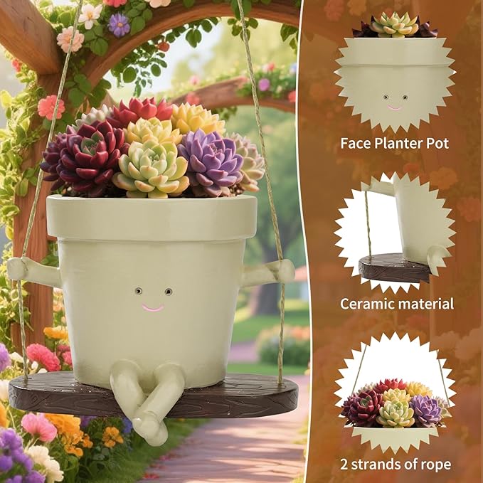 Hanging Planters for Indoor Plants Swing Face Plant Pot Cute Resin Head Planters Without Hole Indoor Plant Holder for Succulents, Unique Sitting Sway Pots Gift Ideas for Mother (Style-B)