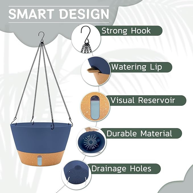 ZMTECH 12 Inch Hanging Planters for Indoor Plants, 1 Pack Self Watering Hanging Planter with Visual Reservoir, Hanging Pots for Plants Outdoor with Drainage Hole and Plant Hanger(1 Pack, Blue)