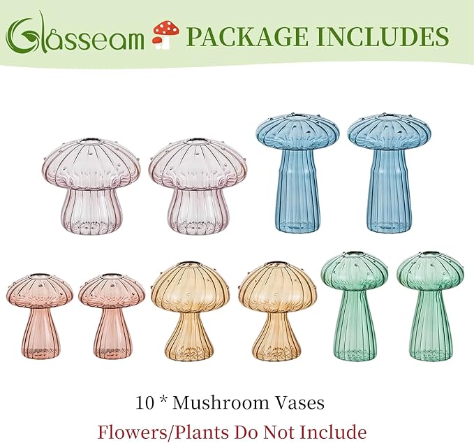 Colorful Mushroom Propagation Stations for Plants: Glasseam 10Pcs Glass Plant Terrarium for Pothos Herbs - Lovely Hydroponic Propagator for Window Table Decor - Unique Gifts for Women