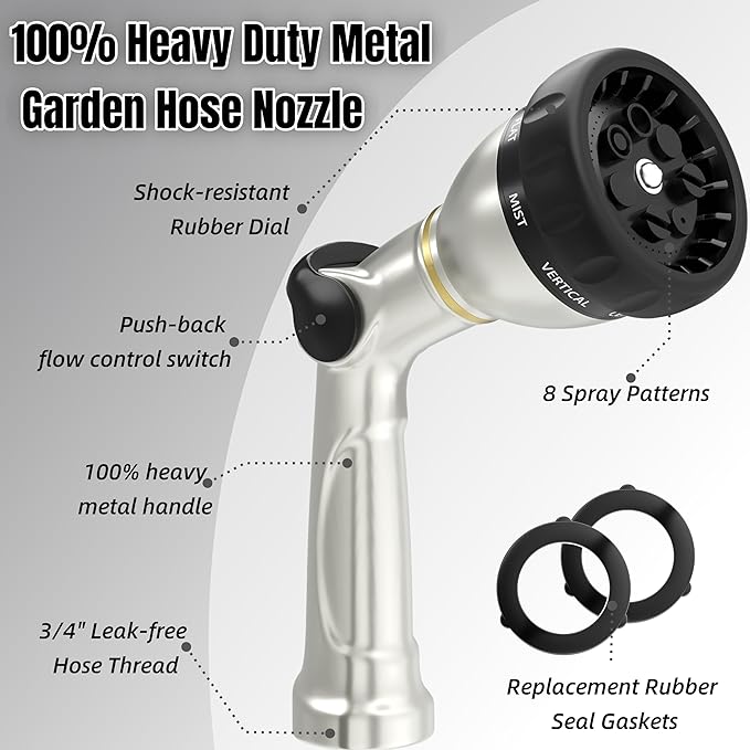 V.C Formark Heavy Duty Metal Garden Hose Nozzle,Thumb Control with 8 Patterns (Jet, Mist, Shower, Soaker),High Pressure & Anti-Leak for Lawn, Plant Watering, Car Washing, Pet Bathing,Window Cleaning