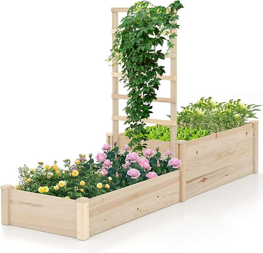 Giantex Wooden Raised Garden Bed with Trellis & 2 Planter Boxes, Raised Bed for Vegetables Flowers Vine Fruits Herbs Gardening Planting, Outdoor Garden Box for Patio Backyard Lawn