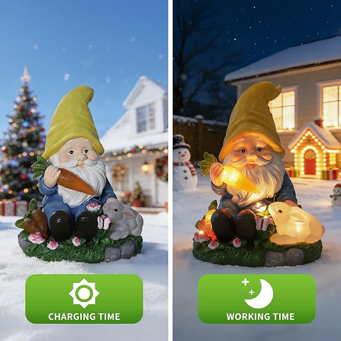 Christmas Gnomes Outdoor Statue Gnome Feeding Rabbit with 6 LED Solar Figurine for Lawn,Patio,Balcony,Yard Decor Unique for Grandfather, Father,Grandma