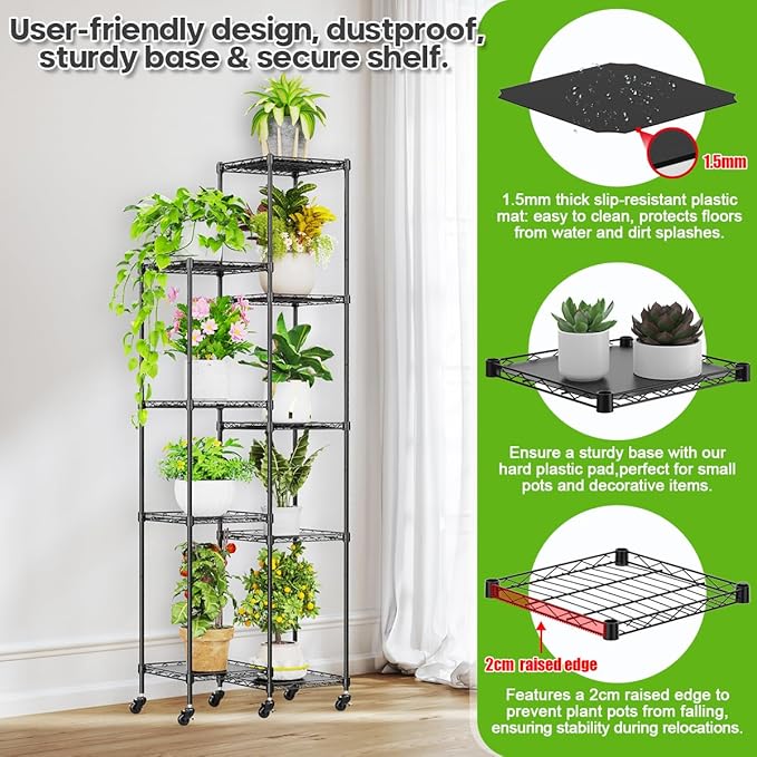 Abimars 74'' Tall Plant Stand with Wheels, Shelf Height Adjustable Metal Plant Shelf for 9 Potted Plants, DIY Assembly Indoor & Outdoor Plant Display Rack