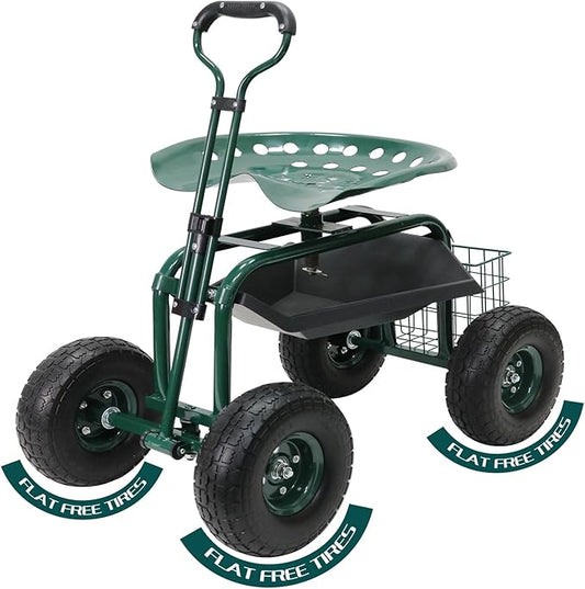 BDL Garden Cart Outdoor Rolling Garden Workseat with Wheels, Heavy Duty Garden Tool Cart with Extendable Handle and Storage for Seniors Yard Gardening Work
