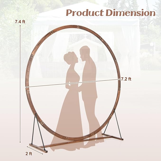 S AFSTAR 7.4FT Round Wedding Arch Wooden, Flower Balloon Arch Stand W/Triangular-Shaped Base, 4 U-Shaped Stakes, Indoor Outdoor Boho Decor Round Arch Backdrop Stand for Wedding Ceremony Party