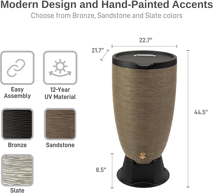 RTS Home Accents 50-Gallon Newport Rain Barrel with Stand and Removable Lid, Sandstone Color