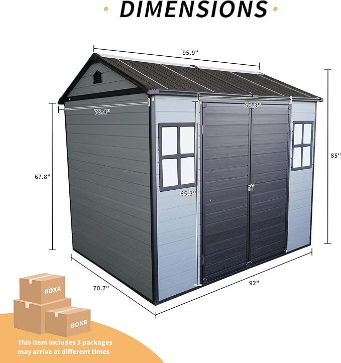 8x6 FT Outdoor Resin Garden Shed with Floor and 2 Windows,Sloping Roof Storage Sheds Lockable Design & Door,Tool House for Storing Bicycles,Lawnmowers,Barbeques,Trash Cans,Grey+Black