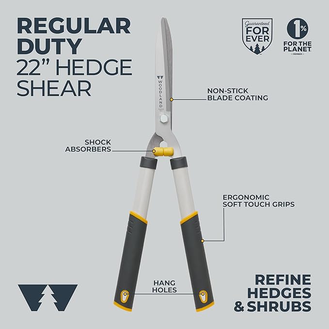 Woodland Tools 22" Regular Duty Hedge Shears - High Carbon Steel Blades, Non-Stick Coating, Cushioned Grips, Shock-Absorbing Bumpers, Manual Hedge Clippers for Shrubs and Bushes
