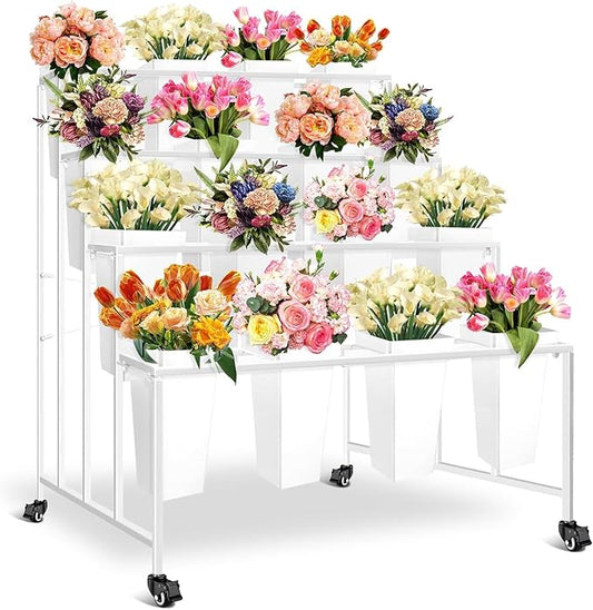 Flower Display Stand with Buckets, 4 Layers 16PCS Buckets Metal Flower Cart Display Stand with Wheels, for Patio Garden, Living Room (4 Layers White Square Bucket)