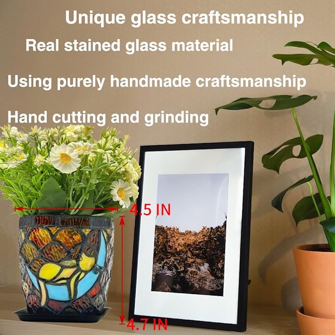 Stained Glass Hanging Cat Planter Pot, Orange Sleeping Cat Small Hanging Plant Pots Indoor, Blue Moon Flower Pot Plant Gifts4.7x4.5 in