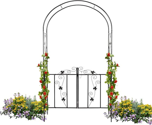 Metal Garden Arch with Gate - Garden Arbor with Gate, Garden Arbor Trellis w/Door for Climbing Plants, Rose, Vine, Wedding, Garden Trellis Arch for Outdoor, Lawn, Backyard, 7'H X 3.6'W, Black