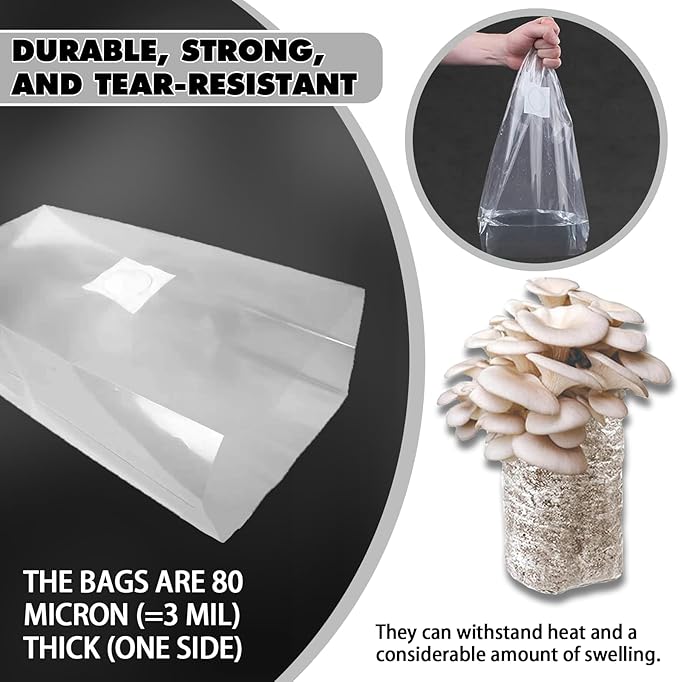 TonGass 100-Pack Large 8"x5"x20" Autoclavable Mushroom Grow Bags Bulk with Microporous Filter Patchs, Extra Thick 80 Micron (=3 Mil), Mushroom Cultivation Spawn Supply Myco Bag Bulk Substrate Bags