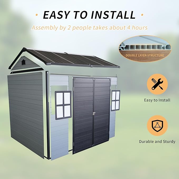 8x6 FT Outdoor Resin Garden Shed with Floor and 2 Windows,Sloping Roof Storage Sheds Lockable Design & Door,Tool House for Storing Bicycles,Lawnmowers,Barbeques,Trash Cans,Grey+Black