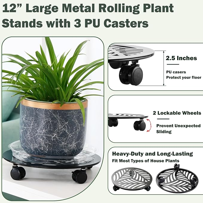 4 Packs Large Metal Plant Caddy with 3 PU Wheels 12" Heavy-duty Wrought Iron Rolling Plant Stands Indoor Outdoor Wheeled Plant Dolly Planter Mover Rollers Plant Trolley Cart, Plant Saucers Included