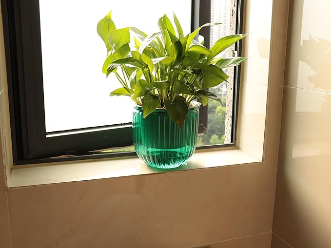 Meicynhoger 2-Pack Vintage Plastic Self-Watering Hanging Planters for Spider Plant,Ivy - 6.5" Clear Flower Pot with Hooks for Indoor Outdoor,Table, Balcony, Wall,Deck,Garden Green