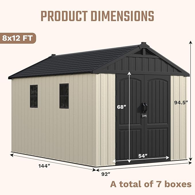 Devoko Plastic Storage Shed with Floor, 8 x 12 FT Outdoor Resin Tool Shed with Lockable Door & Sloping Roof, Patio Kick-it Shed for Garden, Backyard, Lawn, Beige