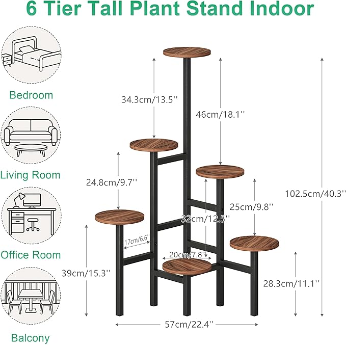 6 Tier Corner Plant Stand Indoor Outdoor, Tall Large Plant Shelf for Multiple Plants, Tiered Flower Pot Holder, Metal Display Plant Shelves for Living Room, Balcony, Patio, Garden(Walnut Brown)GPS514DB