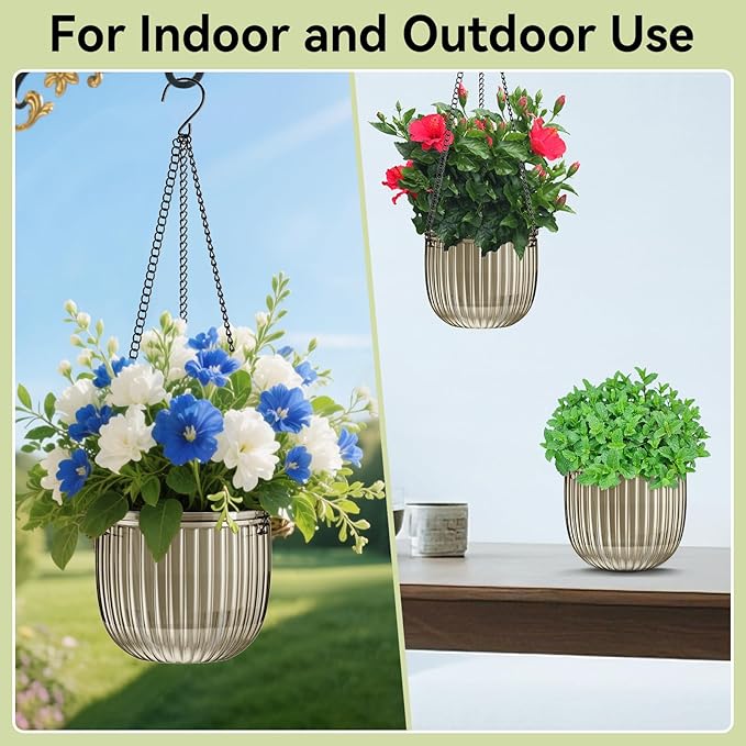 ZeeDix 3 Pack Self Watering Hanging Planters, 6.5 Inch Indoor Plant Pots with 3 Hooks Visible Water Level and Drainage for Home, Wall, Window Decor Outdoor Use(Starry Gray)