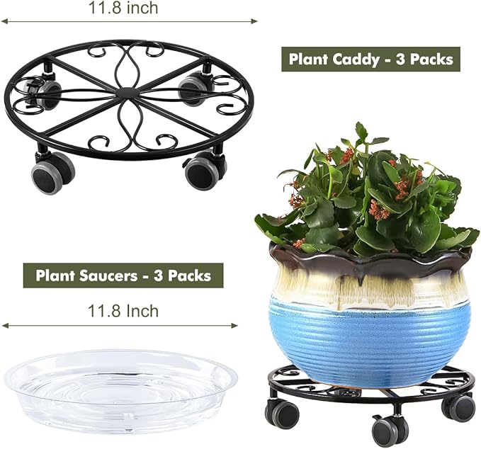 3 Pack Plant Caddy with Wheels Heavy Duty 11.8 Inches Metal Plant Stand with Wheels Plant Dolly Rolling Plant Stand Plant Roller with Casters for Indoor and Outdoor (3, Black)