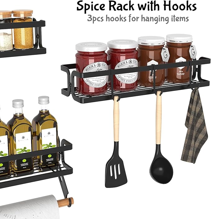 3 Pack Spice Rack Wall Mount With Paper Towel Holder and Hooks,Adhesive Hanging Spice Rack for Spice Jars and Seasonings, Space Saving Spice Racks Organizer for Cabinet,Pantry Door,Black
