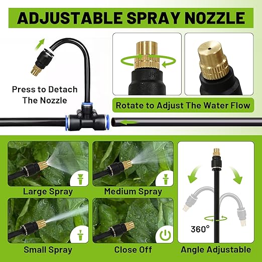 Drip Irrigation Kit - 100 FT. Hose Sprinkler System with 360° nozzles and T-connectors for Gardens, lawns, Plants, Flower beds, Trees, patios and hydroponics (Closeable nozzle-20)