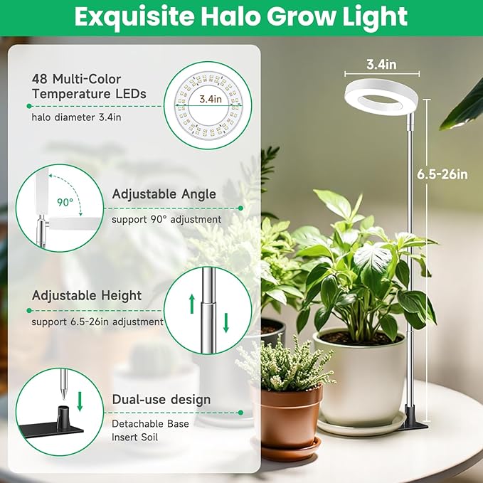 Grow Lights for Indoor Plants, Full Spectrum Plant Lights for Indoor Growing with with 3/9/12H Timer, 3 Color Modes, 10 Brightness, 6.5"-26" Height Adjustable Small Grow Light, 1 Pack(3.4in)