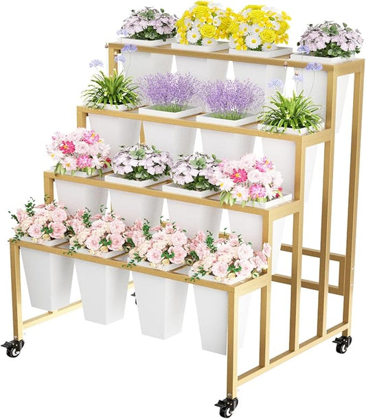 Flower Display Stand with 16 Buckets, 4 Layers Flower Bar, Gold Metal Plant Stand with Wheels, Heavy Duty Flower Cart for Indoor Outdoor Patio Garden Wedding Florist, Gold Metal Frame
