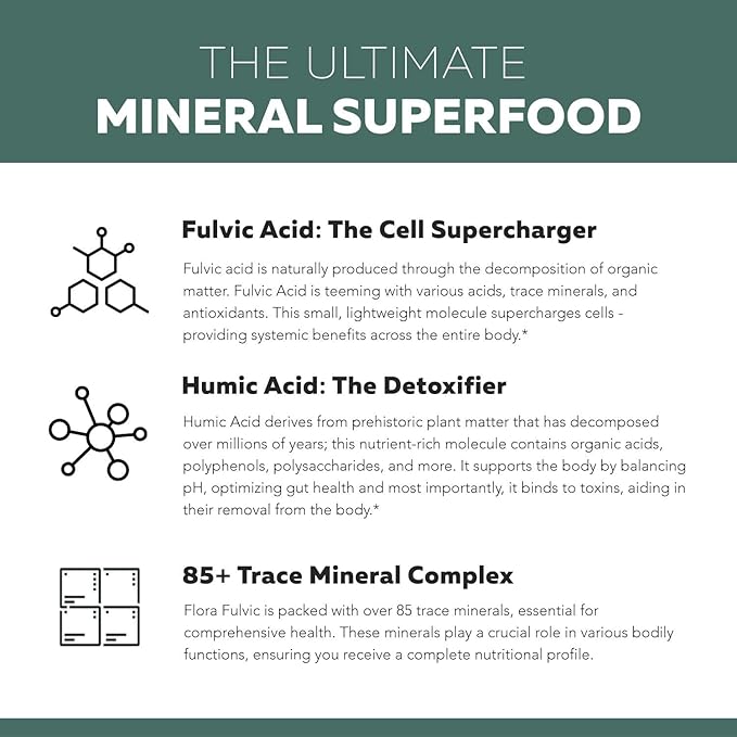 Flora Fulvic | Fulvic Acid + Humic Acid Complex – 550 mg |Mined in Utah, Prehistoric Deep Earth Extract | Immunity, Gut, Digestion – Natural Trace Mineral Complex, Fulvic Acid Supplement – 3-Pack