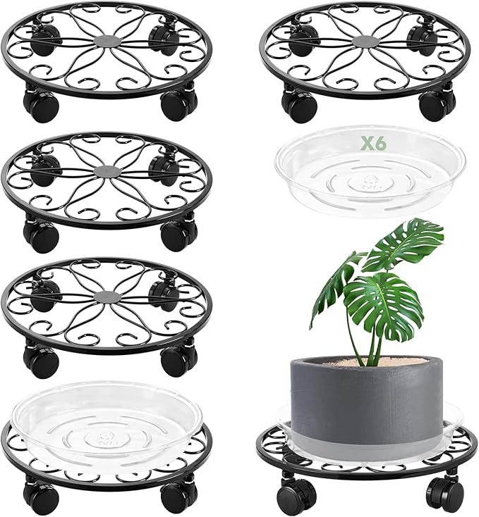 6 Pack Metal Plant Stand with Wheels 12 Inch Plant Caddy with Wheels Heavy Duty Wrought Iron Rolling Plant Stand Plant Dolly Plant Rollers Plant Cart Plant Mover with 6 Pack Plant Saucers