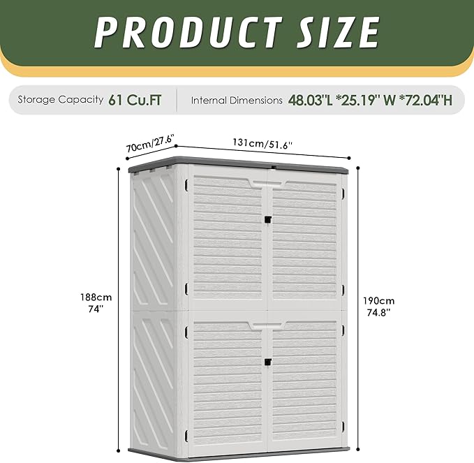 KAMABOKO Outdoor Storage Cabinet 61 Cu.Ft Outdoor Trash Can Storage Shed Waterproof Horizontal Storage Shed Outdoor Storage for Backyard, Patio, Poolside (White)