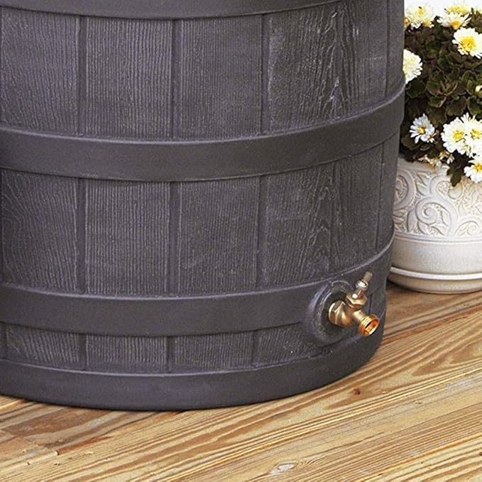 Good Ideas Rain Wizard 50 Gallon Plastic Outdoor Home Rain Barrel Water Storage Collector with Brass Spigot and Flat Back Design, Oak (4 Pack)
