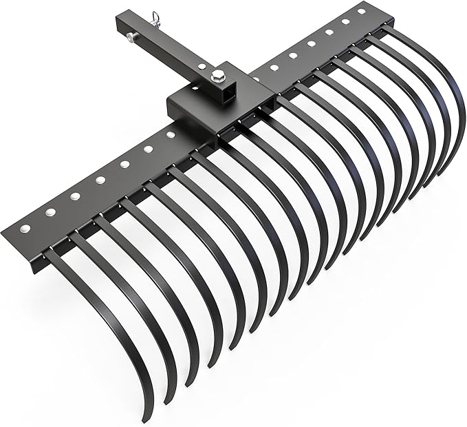 YITAMOTOR 48" Tow Behind Landscape Rake, 2" Receiver Lown Dethatcher Rack with 17 Steel Tines for ATV/UTV & 3-Point Hitch Systems Tractor, for Leaves, Debris, Grass, Pine Needles