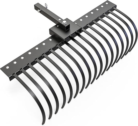 YITAMOTOR 48" Tow Behind Landscape Rake, 2" Receiver Lown Dethatcher Rack with 17 Steel Tines for ATV/UTV & 3-Point Hitch Systems Tractor, for Leaves, Debris, Grass, Pine Needles