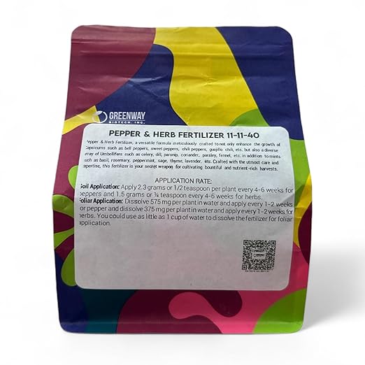 Greenway Biotech, Inc. Pepper & Herb Fertilizer 11-11-40 Powder with Micronutrients and Trace Minerals- 100% Water Soluble Fertilizers (1 Pound Makes 200 Gallons)
