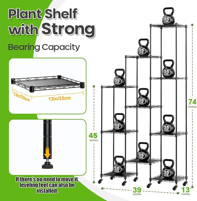 Abimars 74'' Tall Plant Stand with Wheels, Shelf Height Adjustable Metal Plant Shelf for 10 Potted Plants, DIY Assembly Indoor & Outdoor Plant Display Rack
