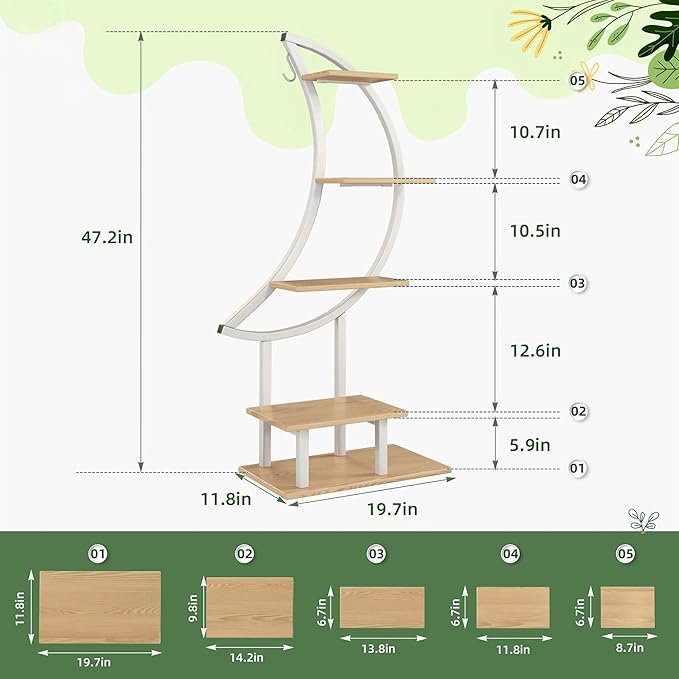 YOLENY Indoor Plant Stand with Grow Lights, Tall Corner Shelf for Multiple Plants, 47" Metal Rack with Hanging Hook for Living Room, Balcony, Patio