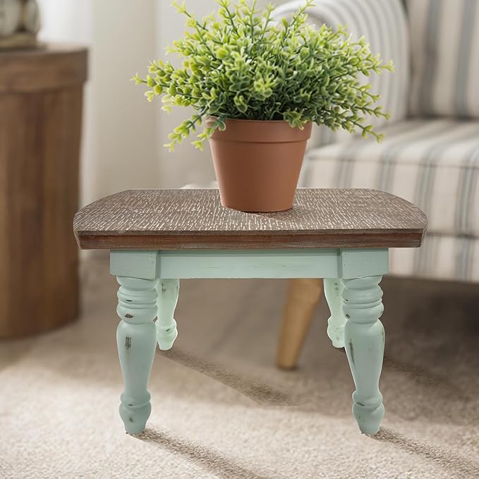 Farmhouse Wooden Plant Stand - Rustic Solid Wood Design, 300lb Capacity, Sturdy Step Stool for Kids, Kitchen, Bathroom, Vintage Home Decor(Green)
