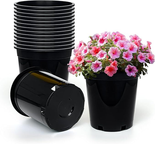 1.5 Gallon Plastic Nursery Pots, 7.5 Inch Round Plant Pots with Drainage Holes, 15 Pack Flower Pots for Outdoor Indoor Plants, Flowers, Gardening Gifts for Women, Black