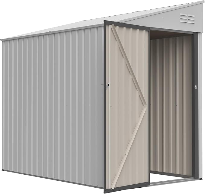 4x7 FT Outdoor Storage Shed,Lean to Lockable Metal Garden Shed Steel with Reinforced Beams,All Weather Waterproof Storage House W/Lockable Door&2 Air Vents,for Backyard,Patio,Lawn,Garden,White