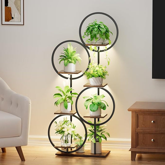 Plant Stand Indoor with Grow Lights - 6 Tiered 55" Round Corner Plant Stands for Indoor Plants, Plant Shelf with Grow Light, Multiple Metal Lighted Plant Stand for Balcony, Living Room, Patio