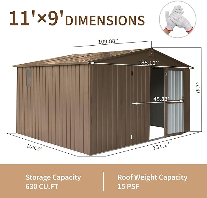 11x9ft Outdoor Storage Shed with Windows, Galvanized Steel Garden Shed, Lockable Double Doors and 16 Vents, Large Capacity Utility Tool Storage for Backyard Patio