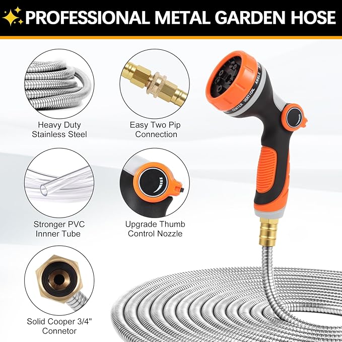 Metal Garden Hose 25ft Copper Bullet, Heavy Duty Stainless Steel Water Hose with 10 Function Sprayer Nozzle, Leaf-Proof Kink Free Lightweight for Outdoor,Yard,Lawn,Patio, Car