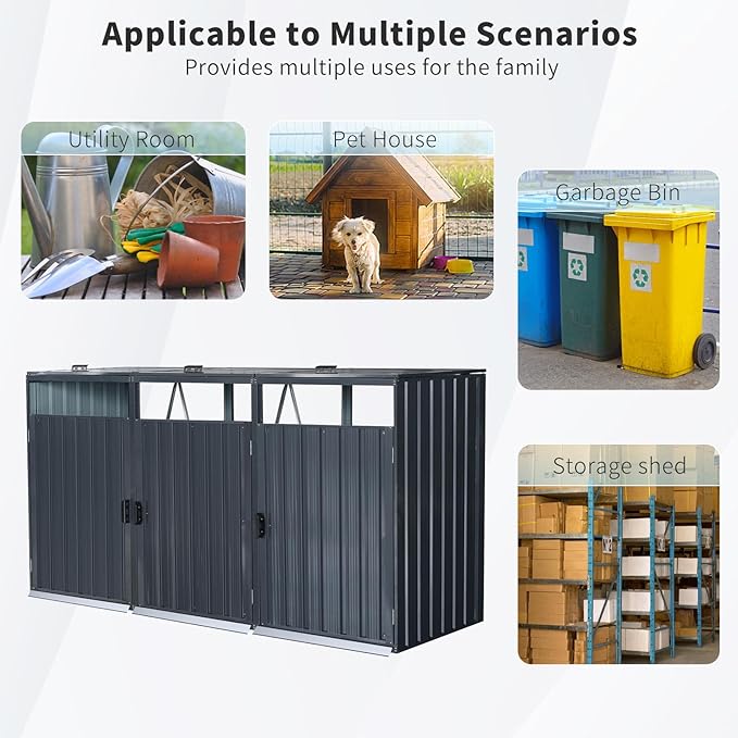Garbage Bin Storage Shed for 3 Trash Cans Outdoor Metal Enclosure Charcoal Galvanized Steel Garbage Can Holder Concealer Hide Utility Bin Shelter Garden Yard Lawn